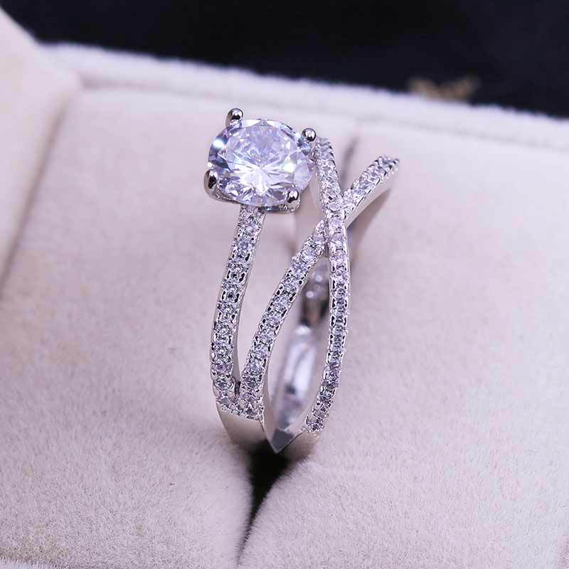 Silver-plated Cubic Zirconia Solitaire with Pave X Band Ring