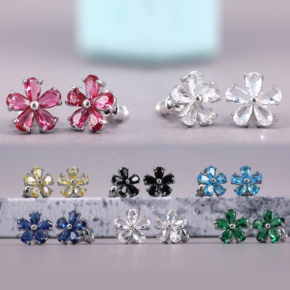 Silver-plated Cubic Zirconia Flower Stud Earrings *** 6 color choices ***
