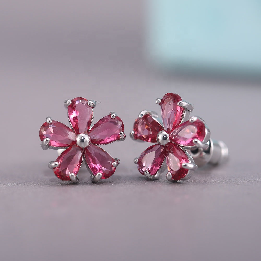 Silver-plated Cubic Zirconia Flower Stud Earrings *** 6 color choices ***