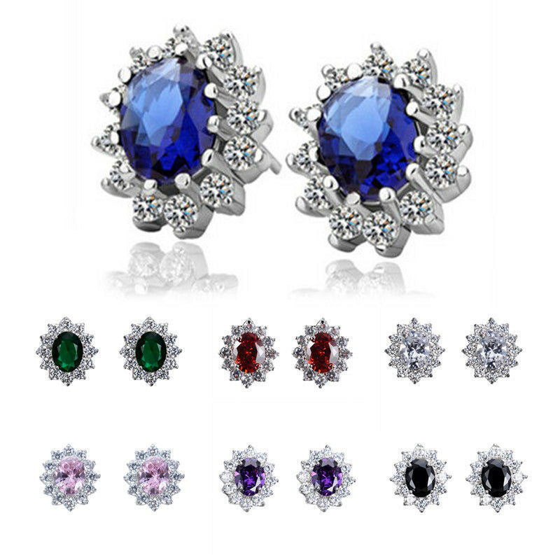 Cubic Zirconia Oval Gem Colored with Halo Stud Earrings *** 7 color choices ***
