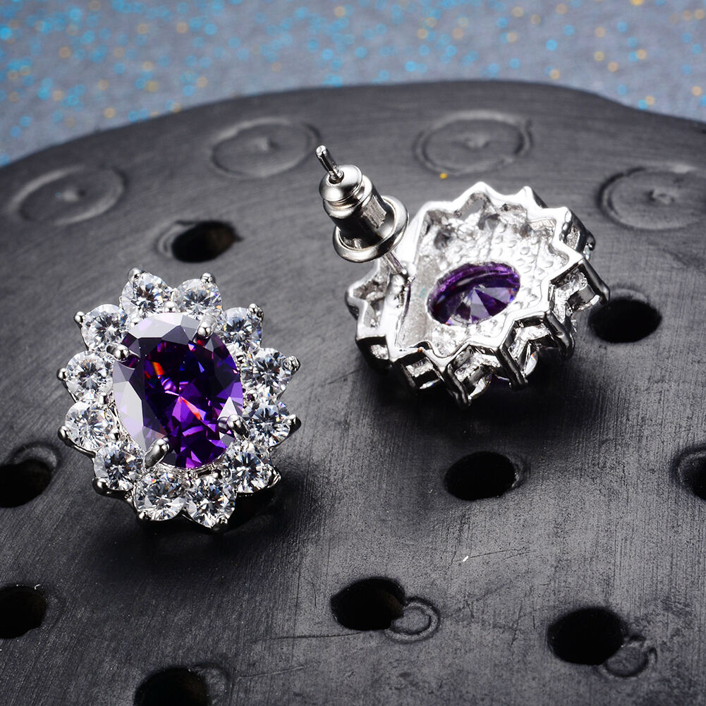 Cubic Zirconia Oval Gem Colored with Halo Stud Earrings *** 7 color choices ***