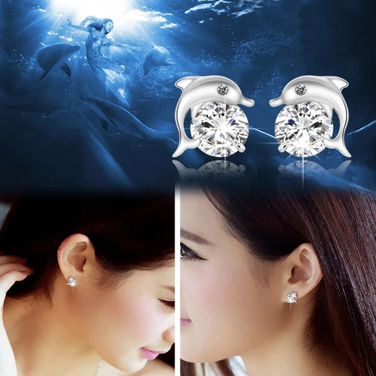 Silver-plated Cubic Zirconia Dolphin Stud Earrings *** Black Eyes or Clear Eyes ***