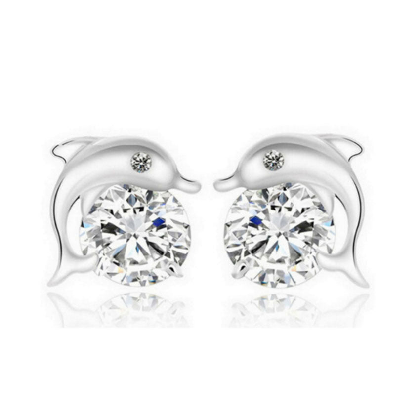Silver-plated Cubic Zirconia Dolphin Stud Earrings *** Black Eyes or Clear Eyes ***