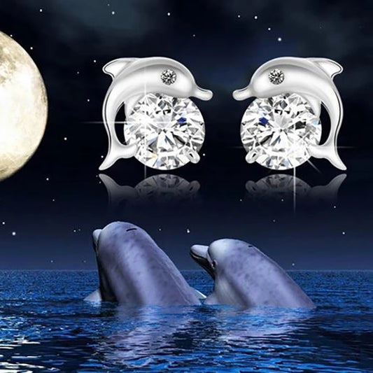 Silver-plated Cubic Zirconia Dolphin Stud Earrings *** Black Eyes or Clear Eyes ***