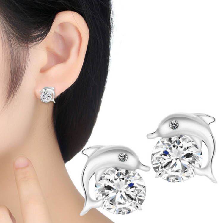 Silver-plated Cubic Zirconia Dolphin Stud Earrings *** Black Eyes or Clear Eyes ***