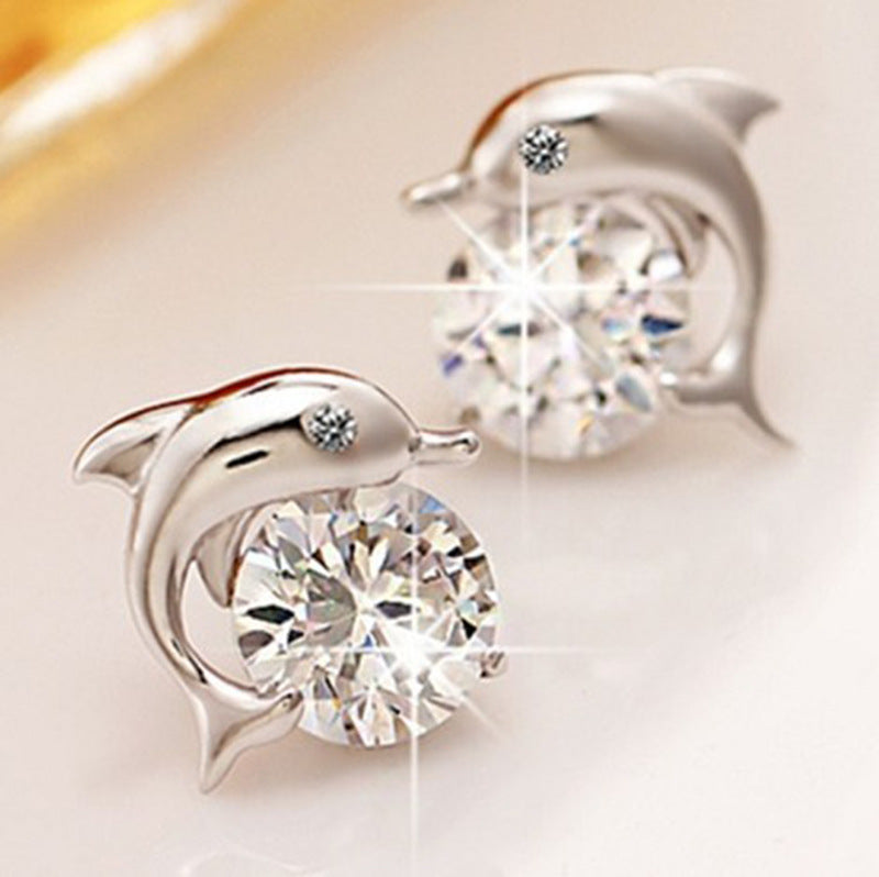 Silver-plated Cubic Zirconia Dolphin Stud Earrings *** Black Eyes or Clear Eyes ***