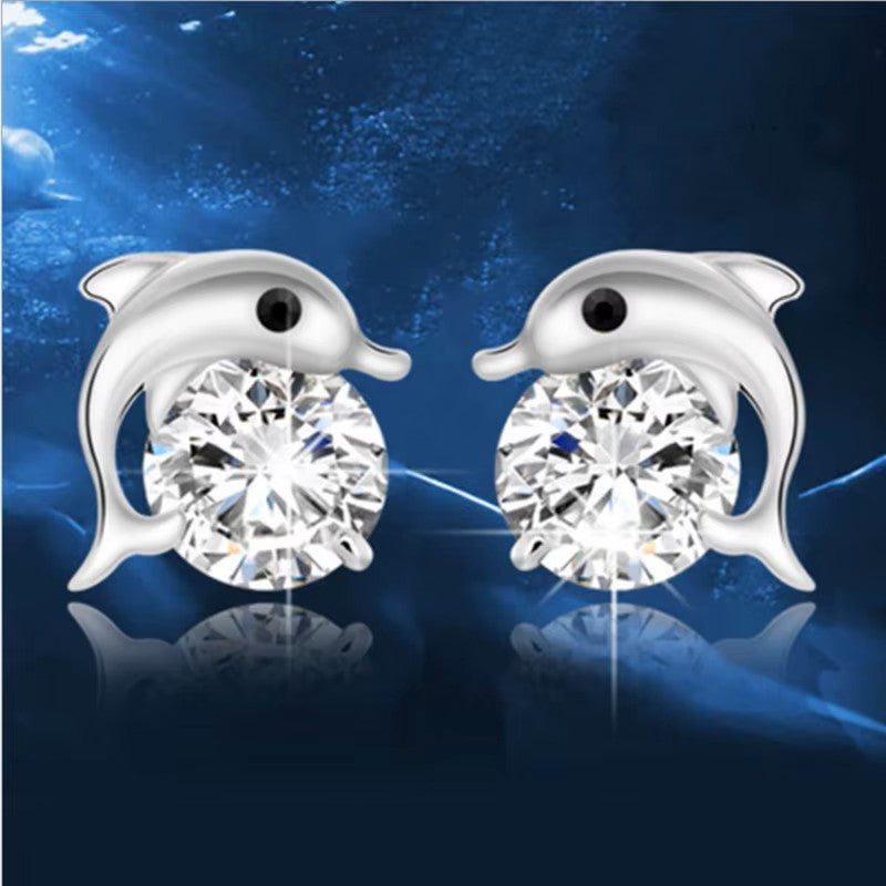 Silver-plated Cubic Zirconia Dolphin Stud Earrings *** Black Eyes or Clear Eyes ***