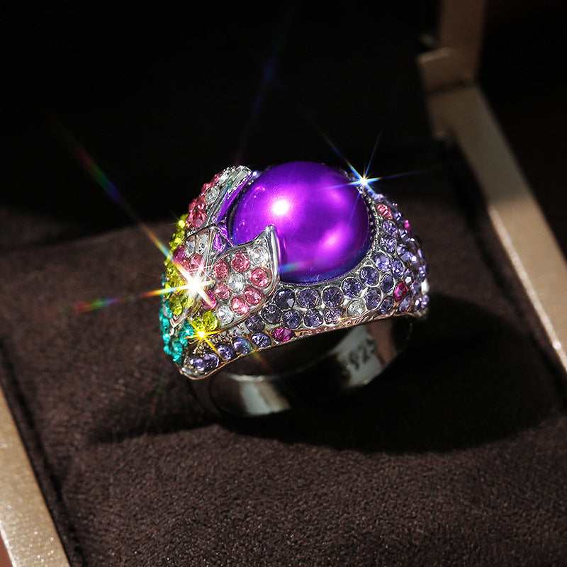 Silver-plated Purple Cabachon Bead with Colorful Cubic Zirconia Pave *** Sizes 6 - 10 ***