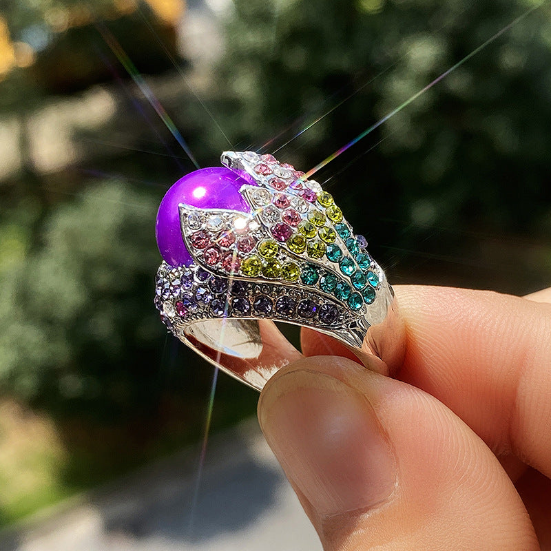 Silver-plated Purple Cabachon Bead with Colorful Cubic Zirconia Pave *** Sizes 6 - 10 ***