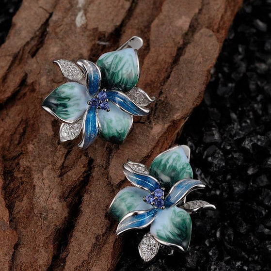 Silver-plated Stainless Steel Enamel and Cubic Zirconia Flower Stud Earrings