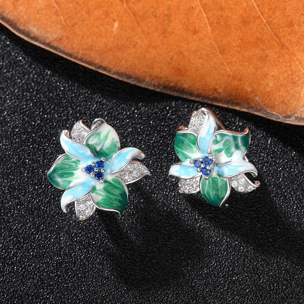 Silver-plated Stainless Steel Enamel and Cubic Zirconia Flower Stud Earrings