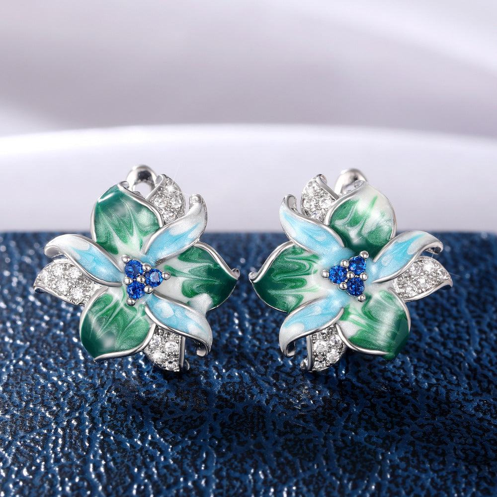 Silver-plated Stainless Steel Enamel and Cubic Zirconia Flower Stud Earrings