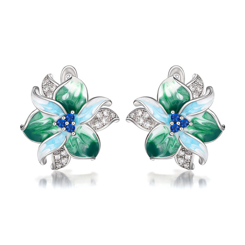 Silver-plated Stainless Steel Enamel and Cubic Zirconia Flower Stud Earrings