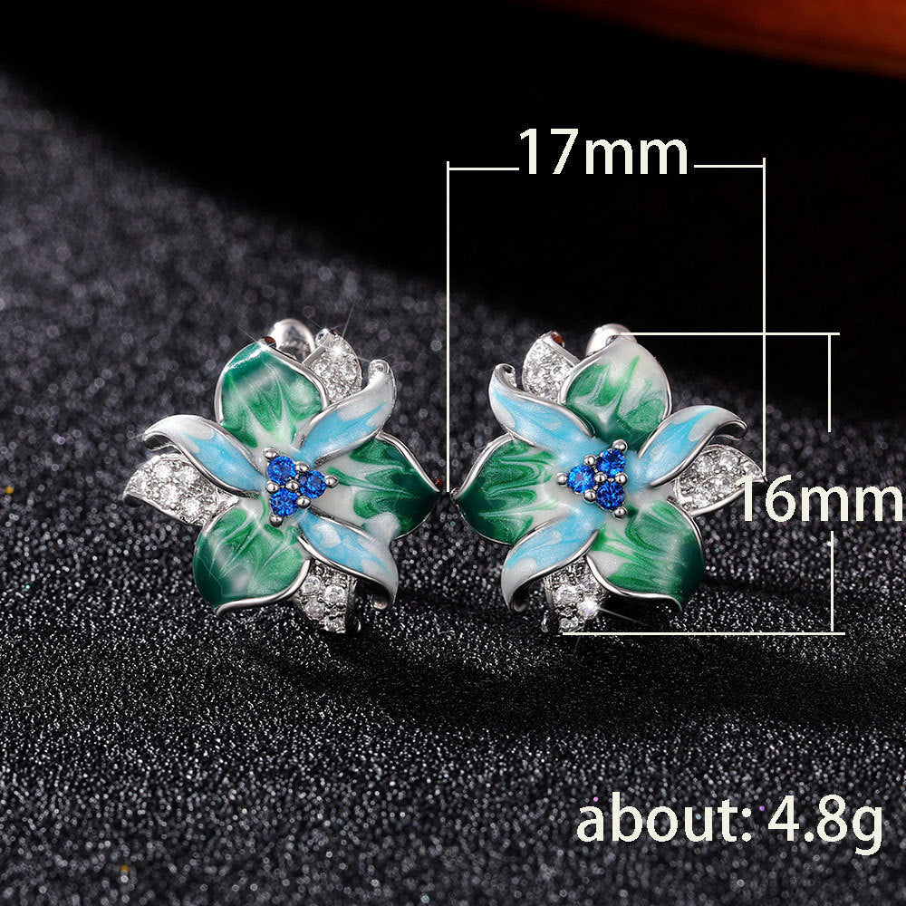 Silver-plated Stainless Steel Enamel and Cubic Zirconia Flower Stud Earrings