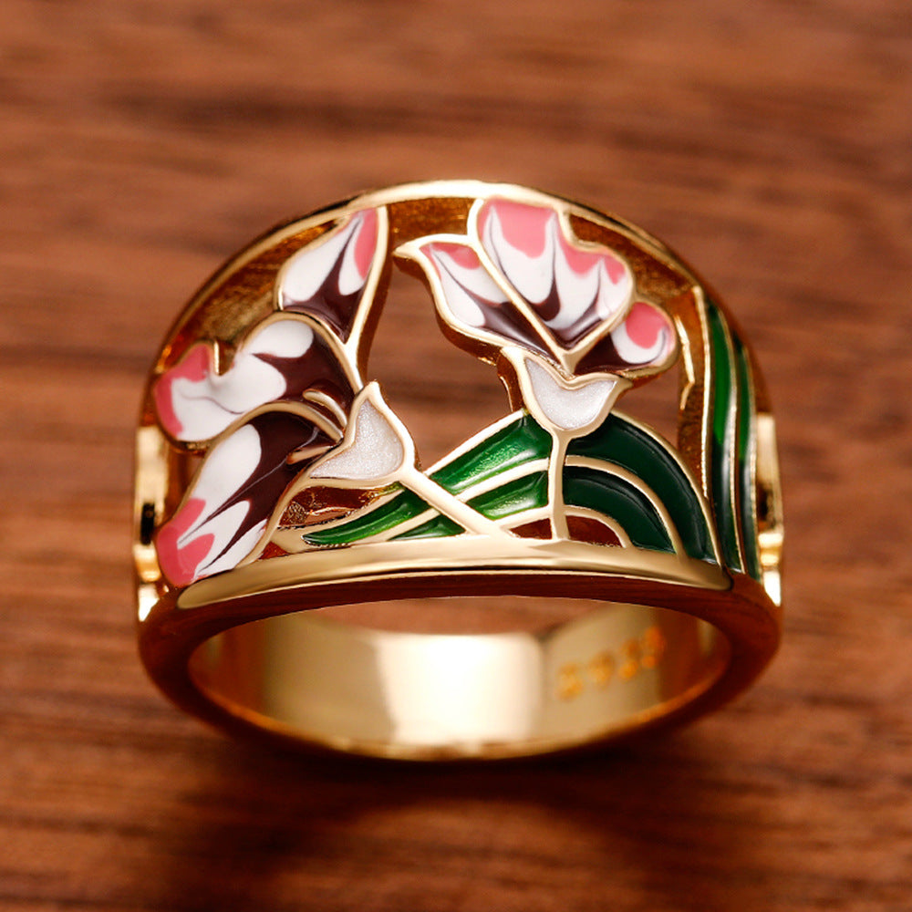 Gold-plated Open Cut Enamel Flower Ring *** Sizes 6 - 10 ***