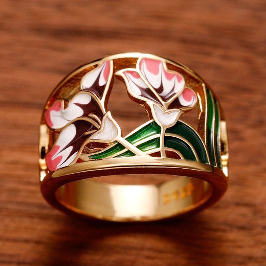 Gold-plated Open Cut Enamel Flower Ring *** Sizes 6 - 10 ***
