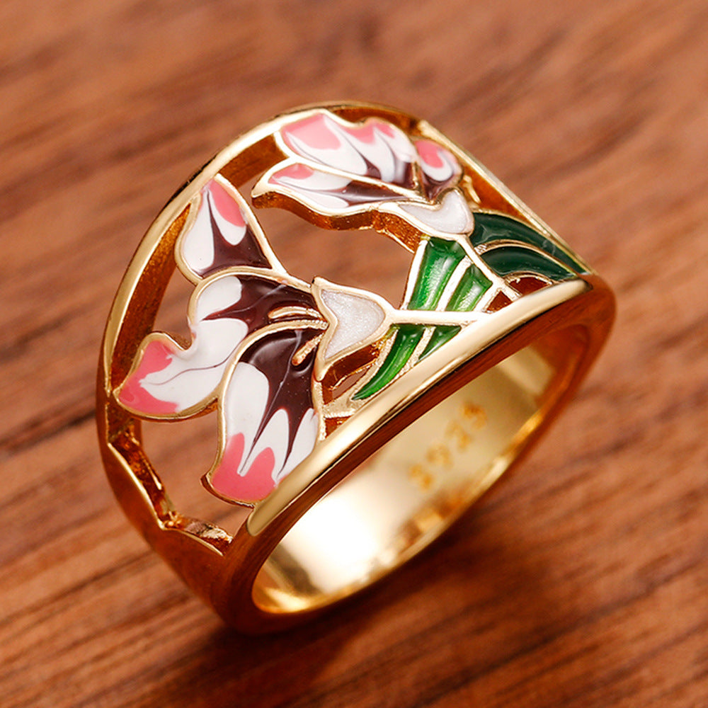 Gold-plated Open Cut Enamel Flower Ring *** Sizes 6 - 10 ***