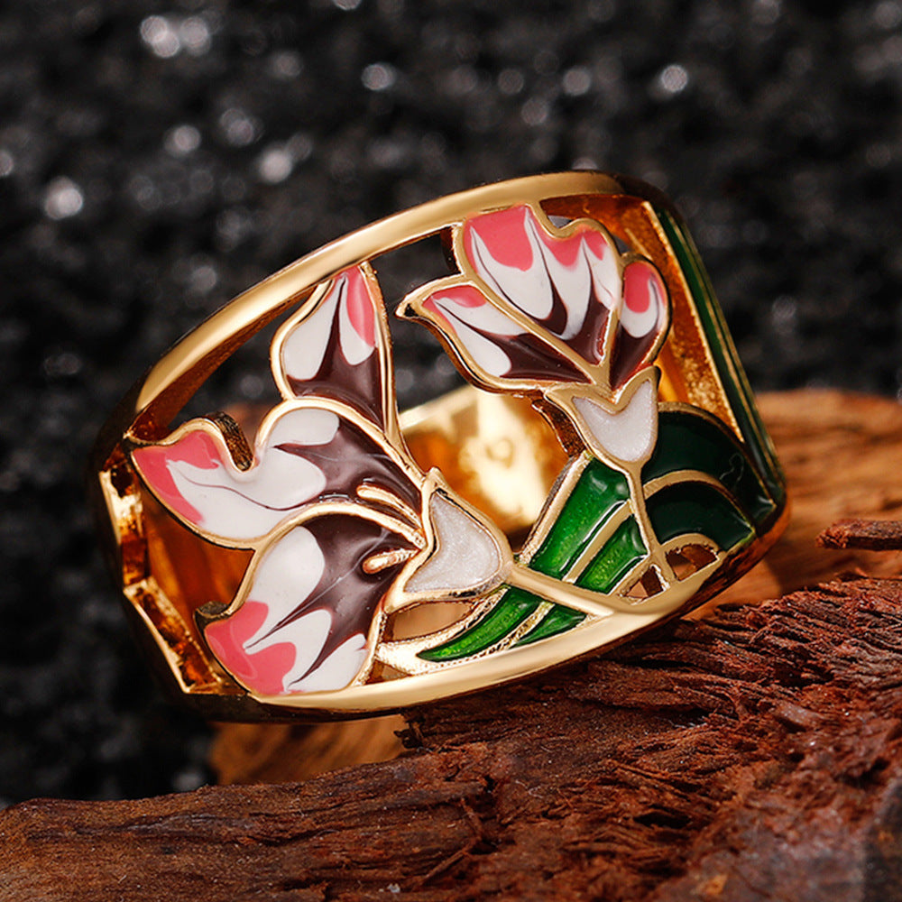 Gold-plated Open Cut Enamel Flower Ring *** Sizes 6 - 10 ***