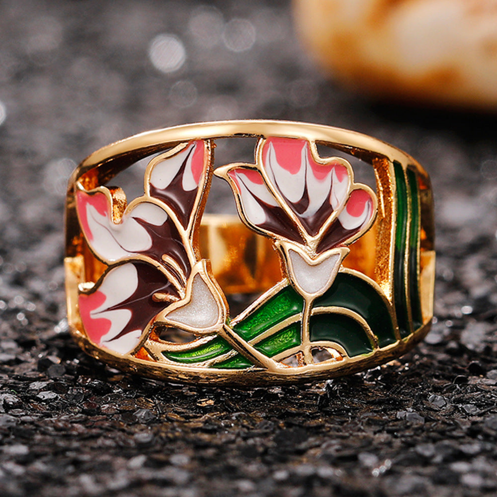 Gold-plated Open Cut Enamel Flower Ring *** Sizes 6 - 10 ***
