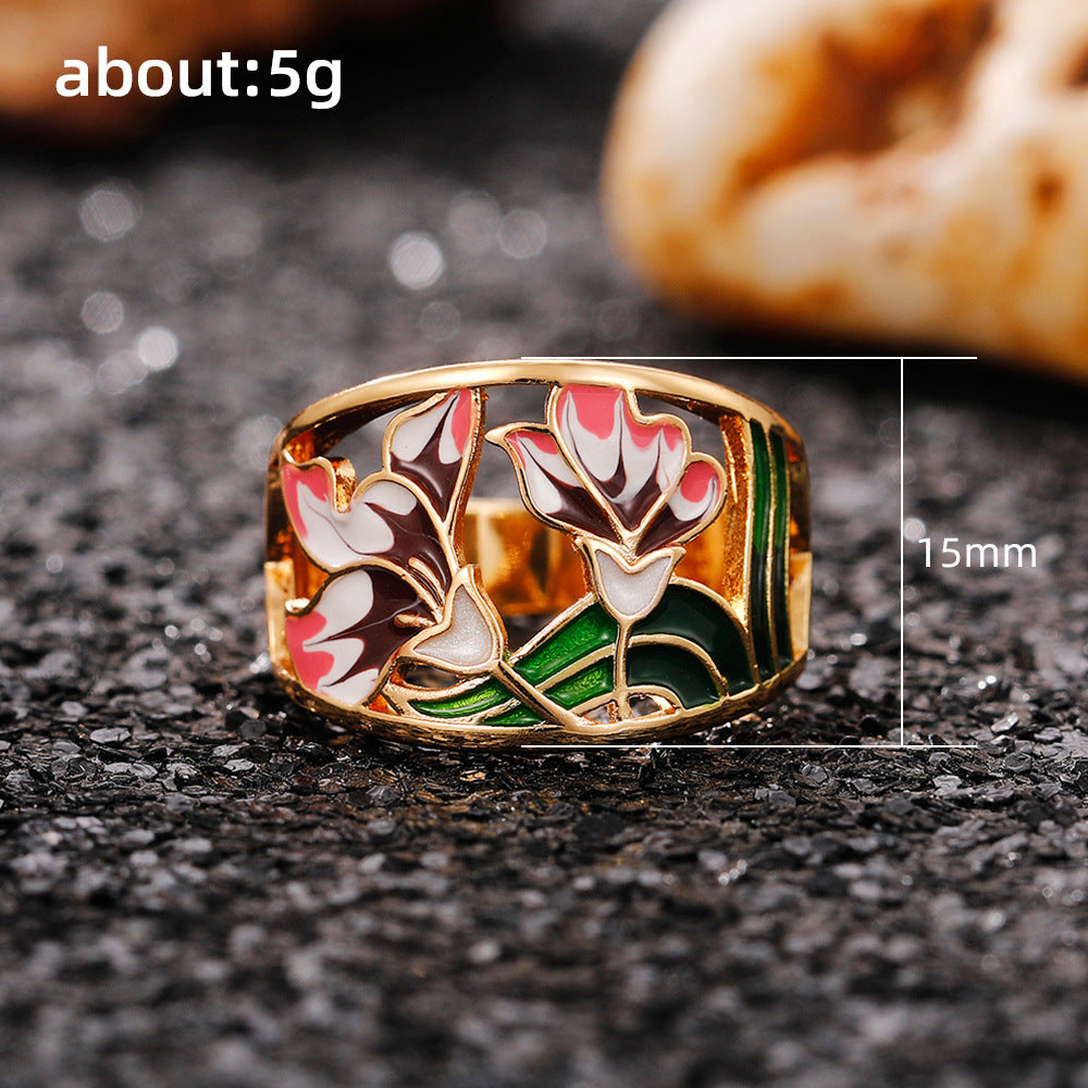 Gold-plated Open Cut Enamel Flower Ring *** Sizes 6 - 10 ***