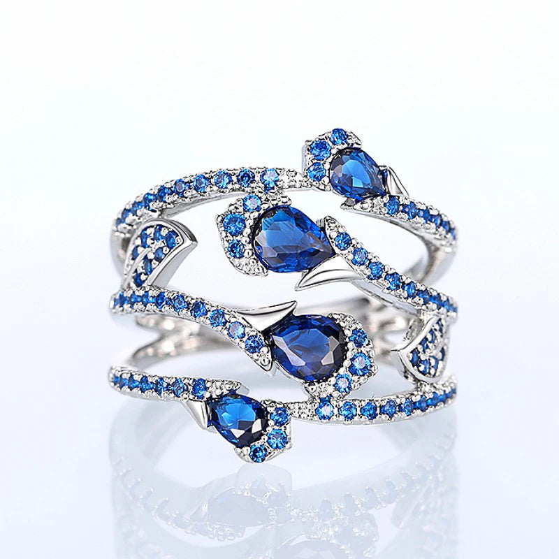 Silver-plated Pear Shaped Blue Sapphire Cubic Zirconia Layered Ring