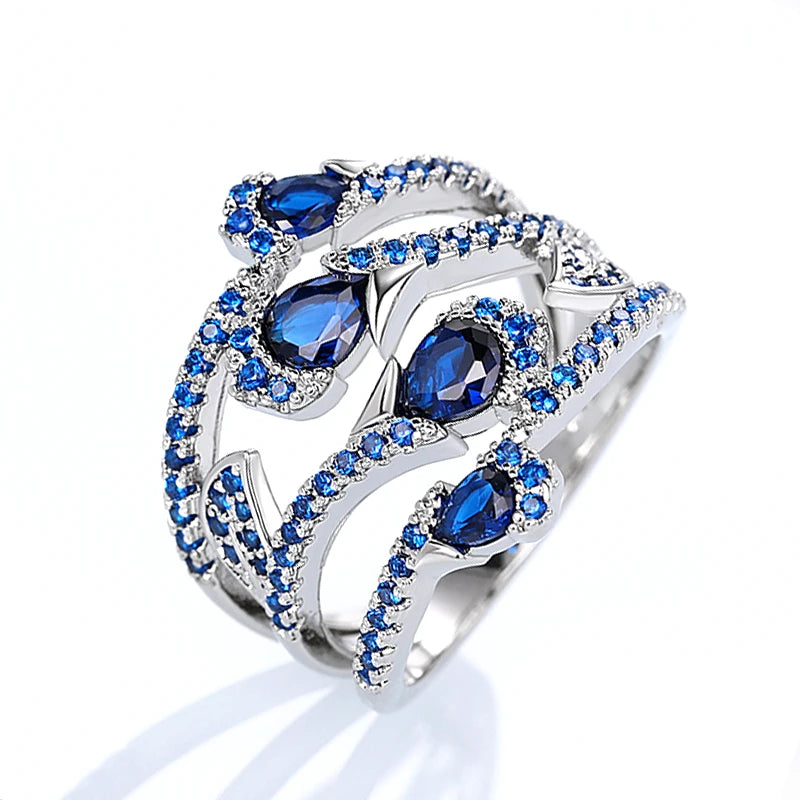 Silver-plated Pear Shaped Blue Sapphire Cubic Zirconia Layered Ring