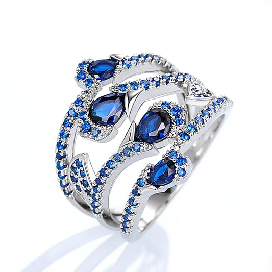 Silver-plated Pear Shaped Blue Sapphire Cubic Zirconia Layered Ring