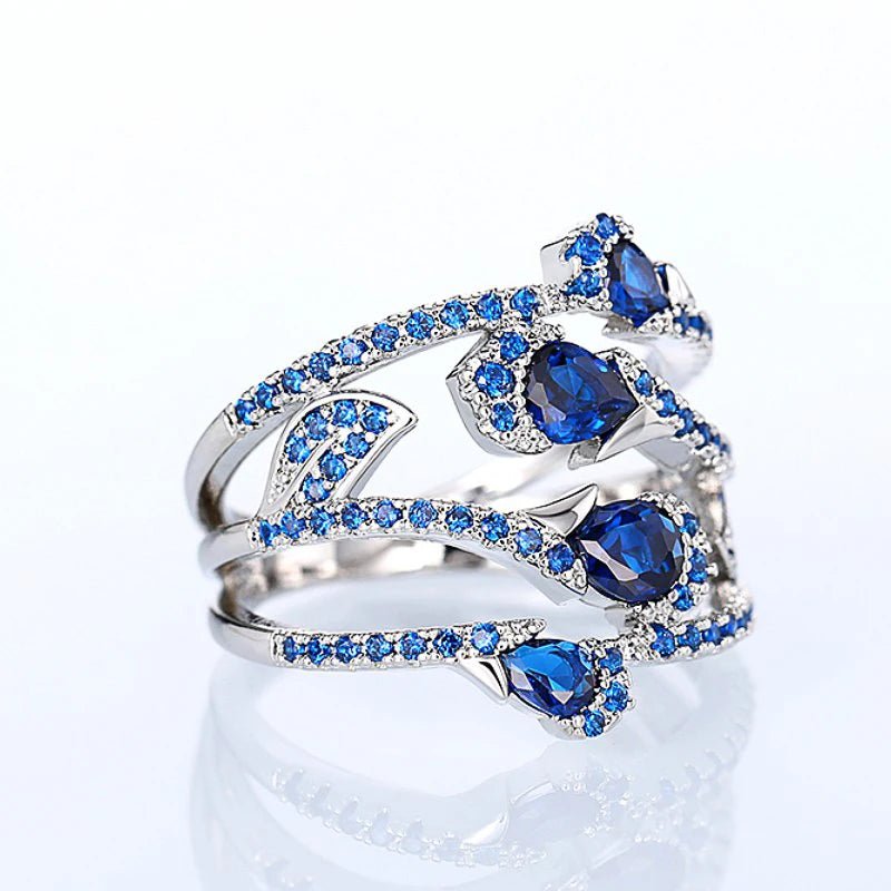 Silver-plated Pear Shaped Blue Sapphire Cubic Zirconia Layered Ring