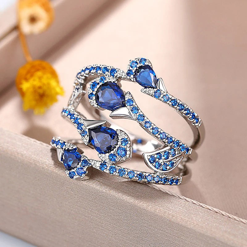 Silver-plated Pear Shaped Blue Sapphire Cubic Zirconia Layered Ring