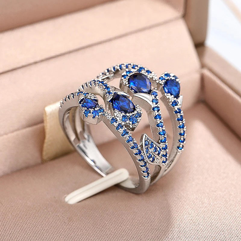 Silver-plated Pear Shaped Blue Sapphire Cubic Zirconia Layered Ring