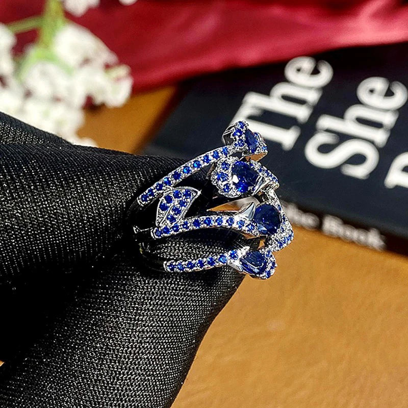 Silver-plated Pear Shaped Blue Sapphire Cubic Zirconia Layered Ring