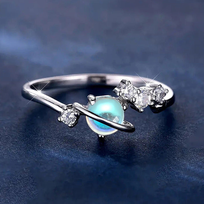 Silver-plated Planet Design Cubic Zirconia Opal Ring