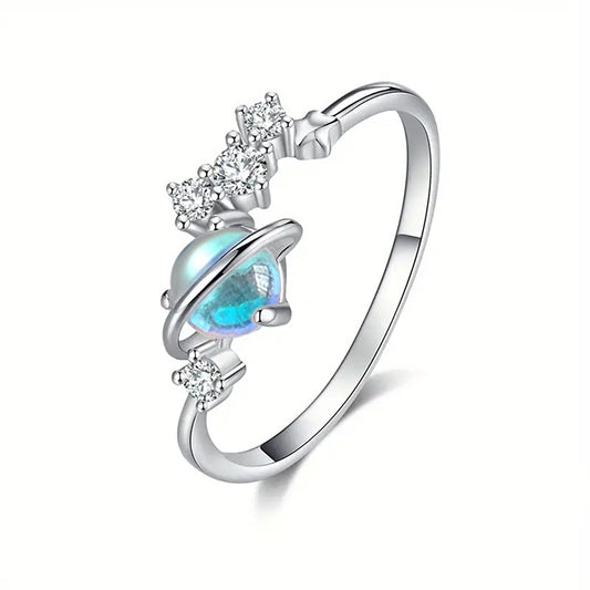 Silver-plated Planet Design Cubic Zirconia Opal Ring