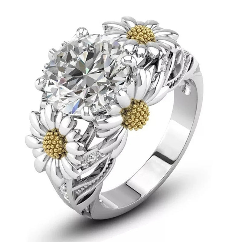 Silver-plated Daisy and Cubic Zirconia Open Style Ring