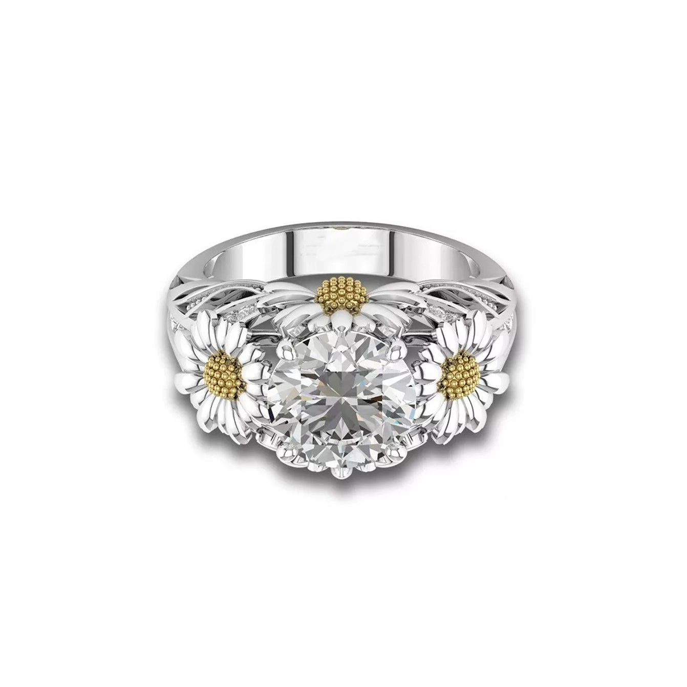 Silver-plated Daisy and Cubic Zirconia Open Style Ring