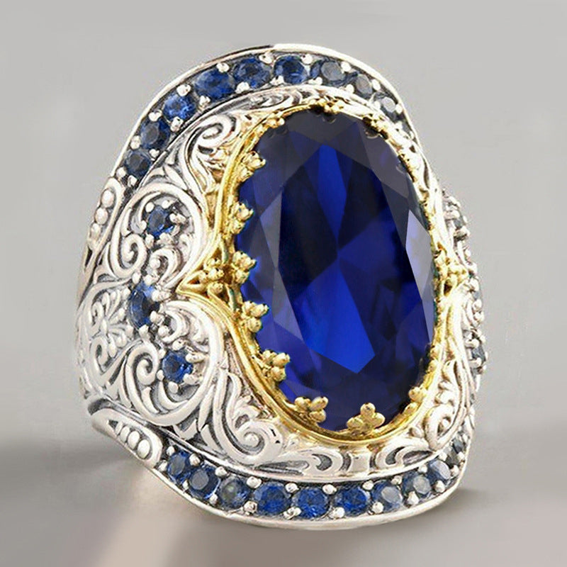 Silver-plated Sapphire Blue Oval Cubic Zirconia Signet Statement Ring