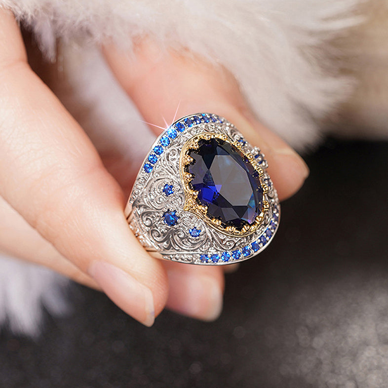 Silver-plated Sapphire Blue Oval Cubic Zirconia Signet Statement Ring