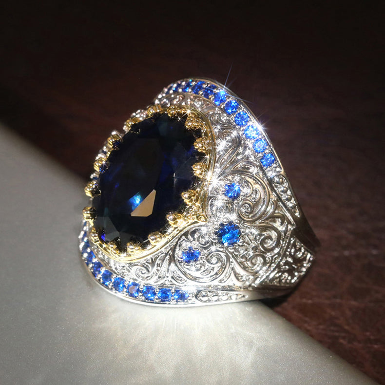 Silver-plated Sapphire Blue Oval Cubic Zirconia Signet Statement Ring