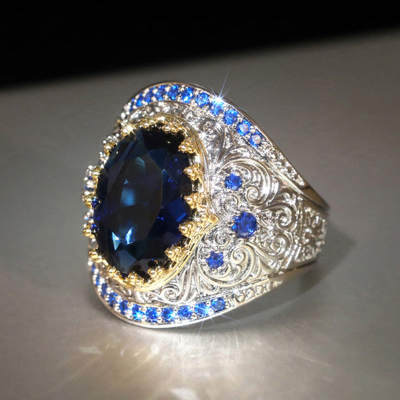 Silver-plated Sapphire Blue Oval Cubic Zirconia Signet Statement Ring