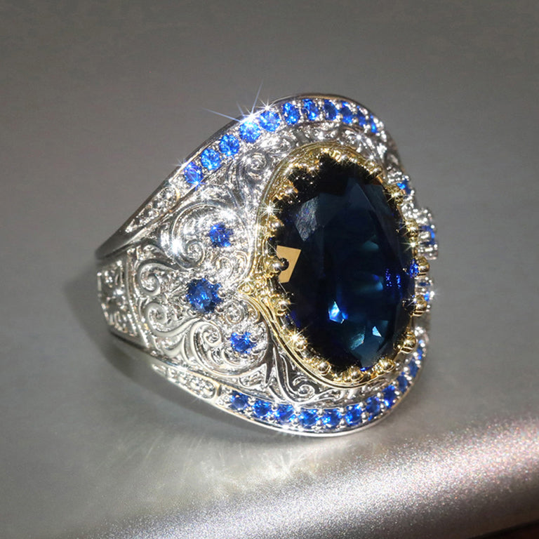 Silver-plated Sapphire Blue Oval Cubic Zirconia Signet Statement Ring