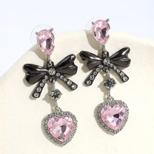 Black Bow and Crystal Pink Heart Goth / Halloween Style Earrings