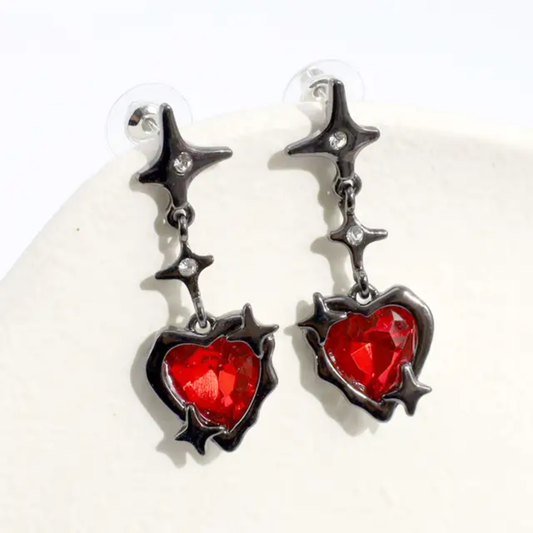 Red Crystal Heart Halloween / Goth Style Earrings (Stainless Steel)