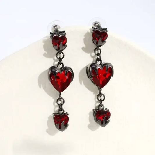 Triple Red Crystal Heart Goth / Halloween Style Earrings (Stainless Steel)