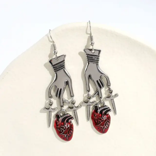 Stainless Steel Hand and Dagger Heart Goth / Halloween Style Earrings