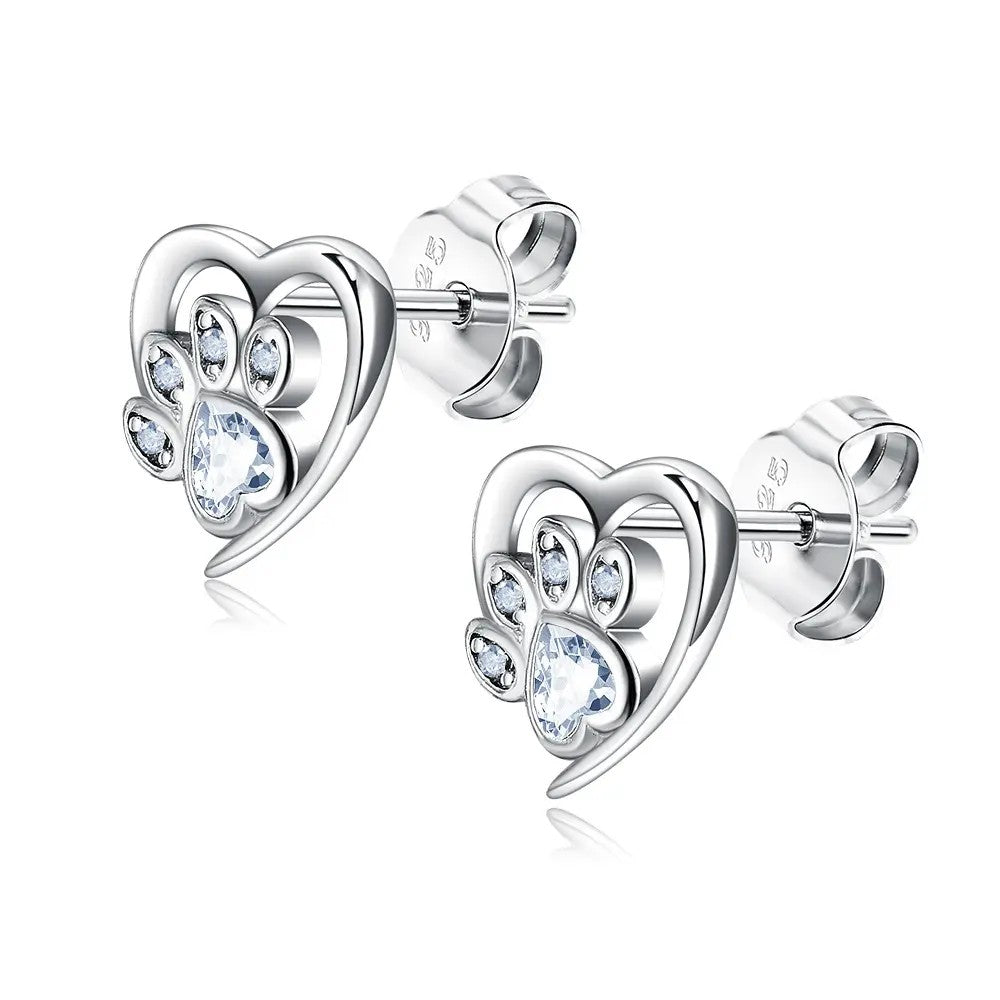 Rhodium-plated .925 Sterling Cat Paw Print Heart Gemstone Earrings