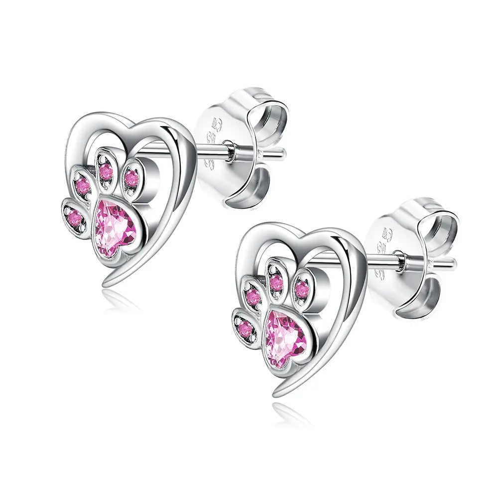 Rhodium-plated .925 Sterling Cat Paw Print Heart Gemstone Earrings