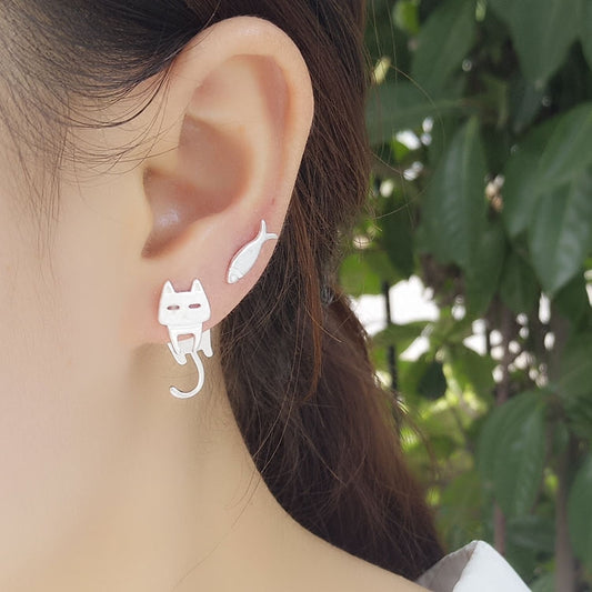 .925 Sterling Cat and Fish Stud Earrings in Silver or Black Plated