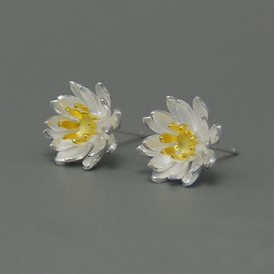 .925 Sterling Lotus Flower Stud Earrings with gold accent