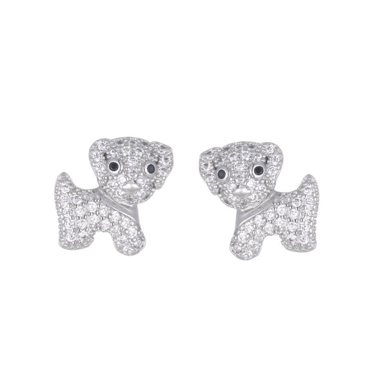 .925 Sterling Silver Puppy Stud Earrings with CZ accents