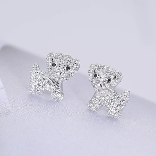 .925 Sterling Silver Puppy Stud Earrings with CZ accents